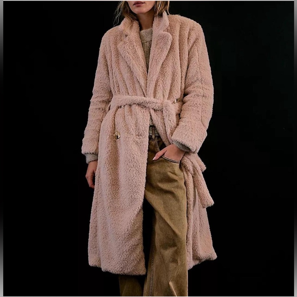 Free People Women’s Cuff It Faux Fur Teddy Long Coat Size L, Dusty Pink, NWT